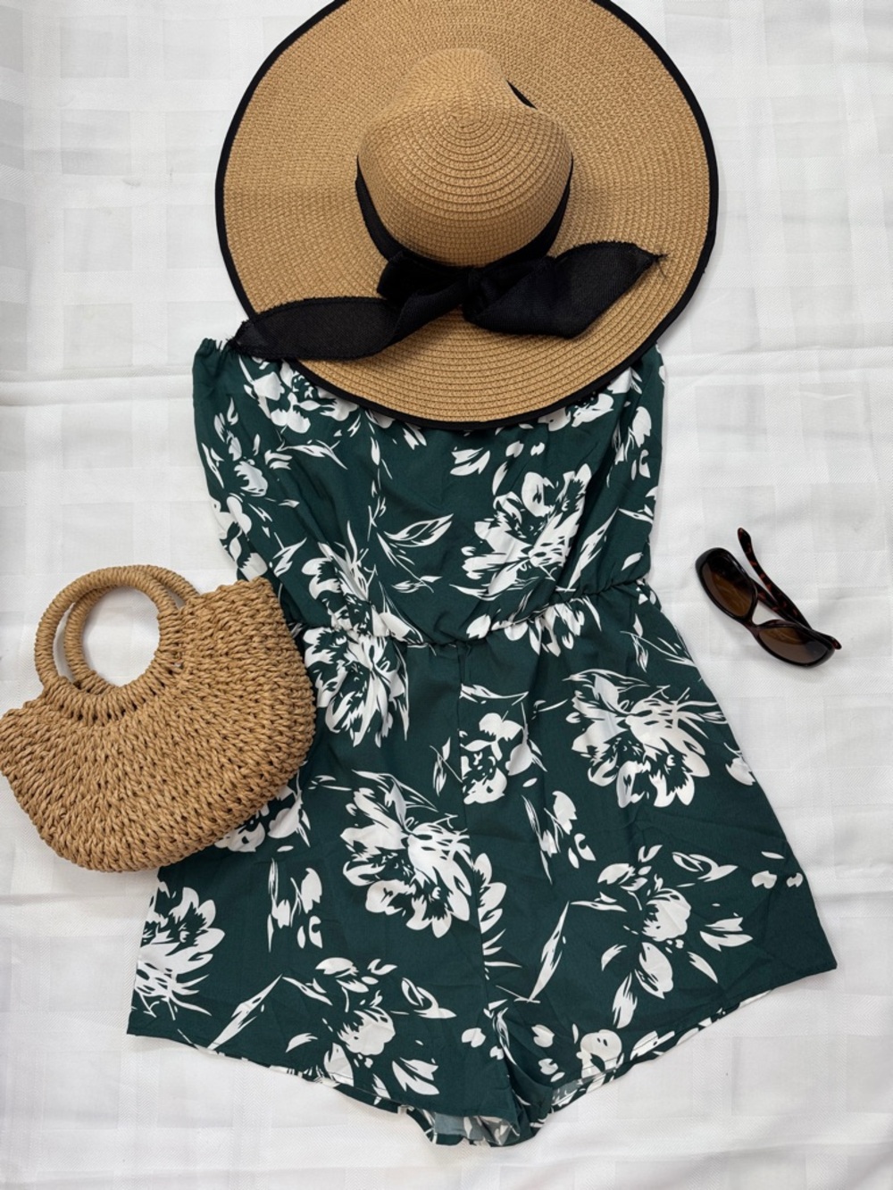 SHEIN Green Floral Romper with White Tropical Bloom Print